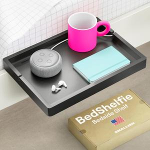 BedShelfie Wood Bedside Shelf for Bunk Bed & Top Bunk, College Dorm Room Essentials, Loft Nightstand, Floating Bed Side Table Tray Storage, Dorm Room Decor by Smallish - (Flexfit Bamboo Model, Black) (FlexFit (13.75 x 9.5 inches))