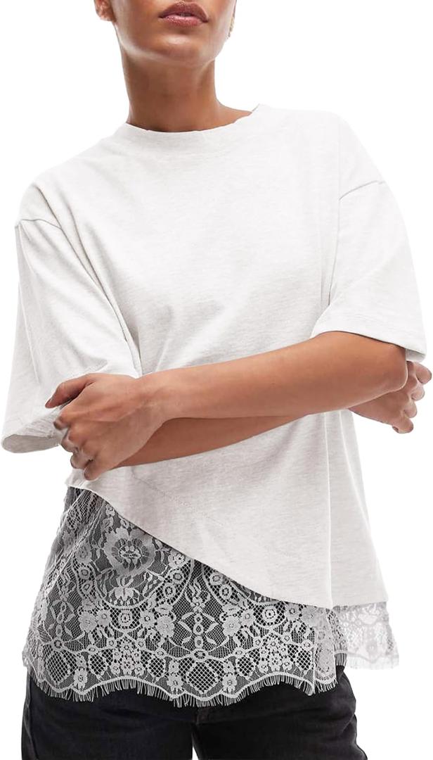 Women's Lace Patchwork Top Summer Daily Relaxed Fit Drop Shoulder Short Sleeve Blouse Casual Weekend T-Shirt (White, X)