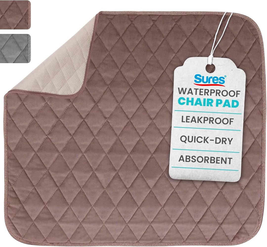 Sures Waterproof Chair Pads for Incontinence (22" x 21") - Washable, Waterproof Seat Protector - Chair Protector Seat Cover - Absorbent Incontinence Pad for Bed, Seat Car Wheelchair & Recliner (Brown)