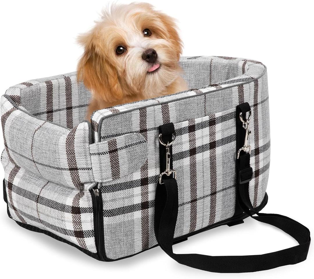 Dog Center Console Seat for Small Dogs & Puppies - Anti-Collapse Pet Car Seat With Soft Cushion, Safety Belt - Portable Armrest for Dogs & Cats Under 15 lbs (Grid-Grey)