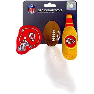 Best Plush CAT Toy - NFL Kansas City Chiefs Complete Set of 3 Piece Cat Toys Filled with Fresh Catnip. Incld: 1 Helmet Cat Toy, 1 Football Cat Toy with Feathers, & 1 Beer Bottle. Beautiful Team Logos