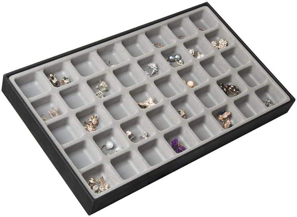 JackCubeDesign 40 Compartments Stackable Synthetic Leather Jewelry Tray Earring Necklace Bracelet Ring Organizer Display Storage Box(Set of 1, Black, 16 x 9.6 x 1.6 inches)- MK212-1A