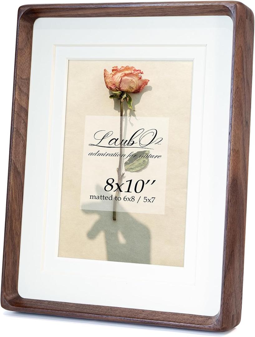 8x10 Wooden Picture Frame with Double Mat - Natural American Black Walnut Wood Photo Frame Matted to 6x8 & 5x7 | Tabletop & Wall | Brown