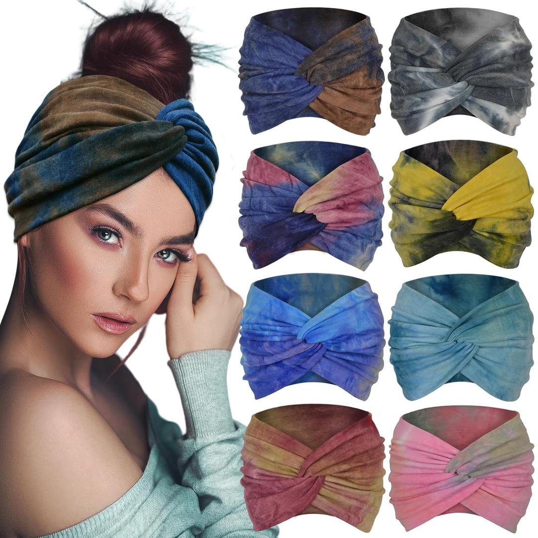 Sefiinh Boho Extra Wide Headbands For Women 7'' Large Headband Twist Head Bands Women's Hair Band Stretchy Turban Styling Accessories Tie Dye 8 Pack