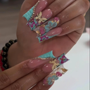 CTTHNBD Press on Nails Long - Square Fake Nails with Flower Butterfly Design - Blue, Full Cover Stick on False Nails - for Women 24 Pcs, 4pack