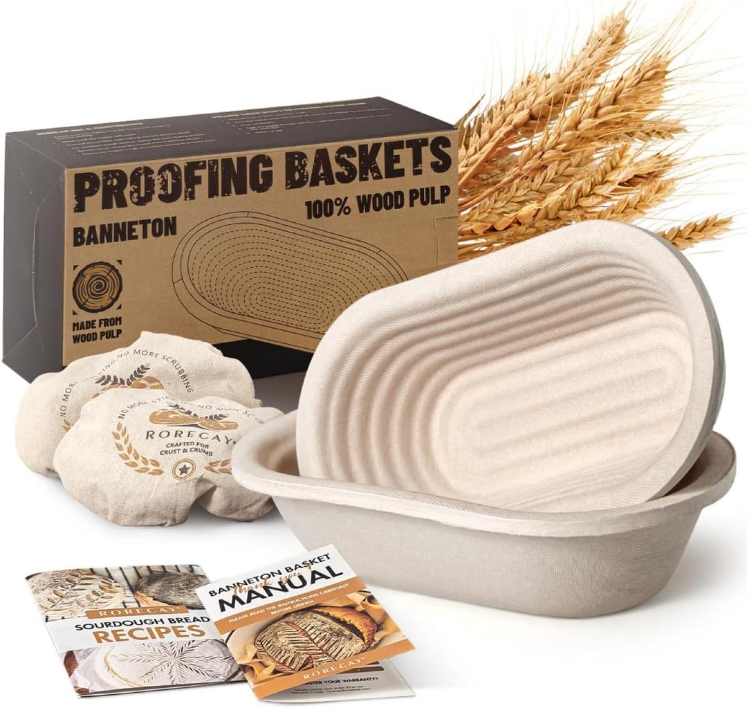 Wood Pulp Banneton Bread Proofing Baskets Set of 2, 11 Inch Oval 1.65LB Sourdough Banneton Basket with Liner, Non-Stick Dough Proofing Bowl for Rising and Baking