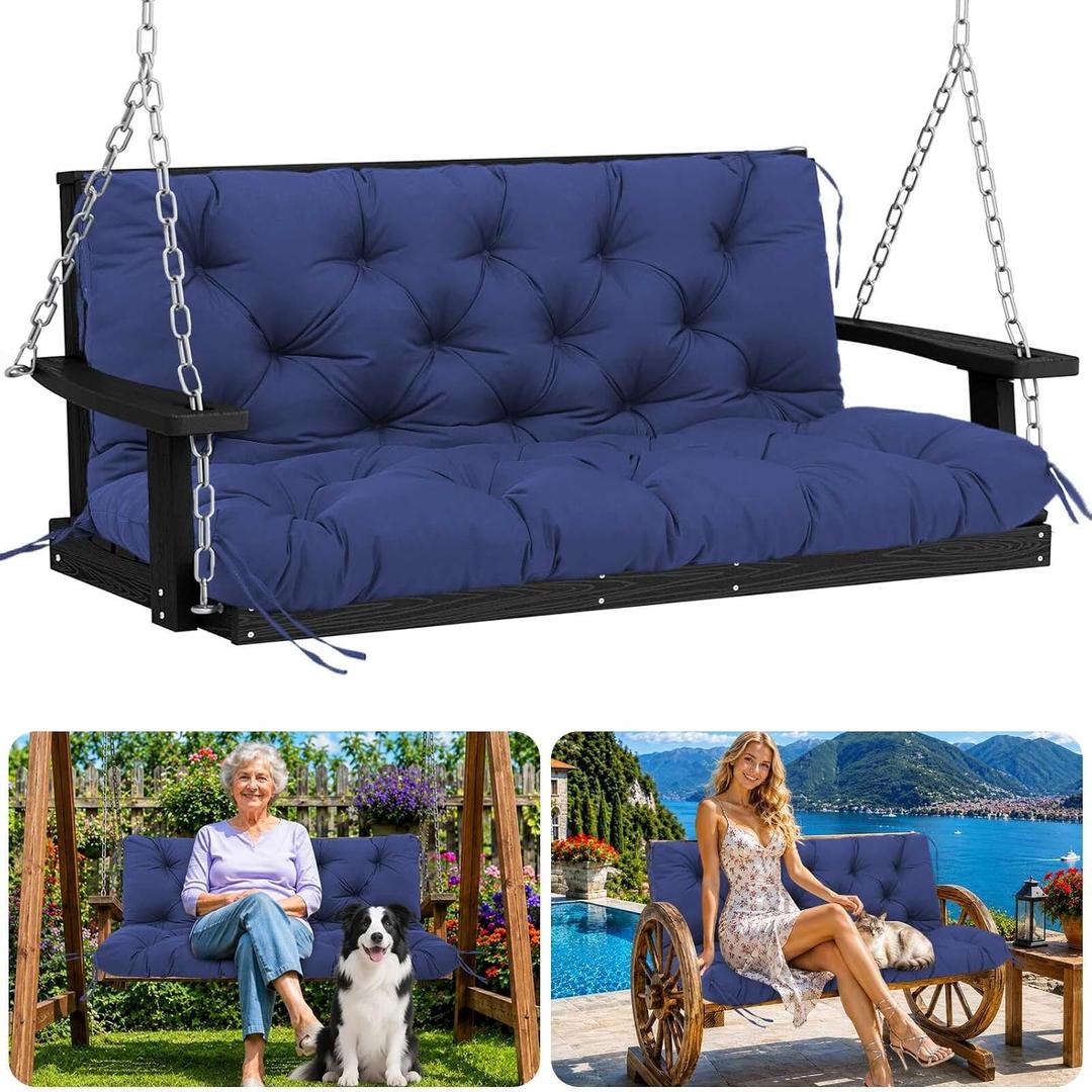 Porch Swing Cushions 60 inch Waterproof & Fade Resistant Thicken 5" Outdoor Swing Cushions 3 Seater Replacement with Backrest & Ties Patio Swing Cushions for Outdoor Furniture (Navy Blue), 60x40 inch