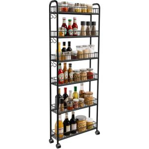6in 6 Tier Slim Storage Cart with Wheels, Narrow Space Rolling Shelving Unit, Metal Wire Mobile Organizer Rack for Kitchen Bathroom Office Laundry, 6in Black Cart