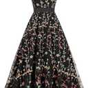 Long Floral Embroidery Dress for Women Flower Embroidered Maxi Dress Spaghetti Straps Formal Evening Party Tulle Prom Dress (Medium, Black)