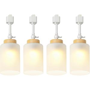 H Type Track Lighting Heads E26 Track Light Ceiling Modern for Kitchen, Compatible with H Track Rail System, Wood Style Pendant Light Fixtures with Glass Lamp Shade White 4 Pack - No Bulbs