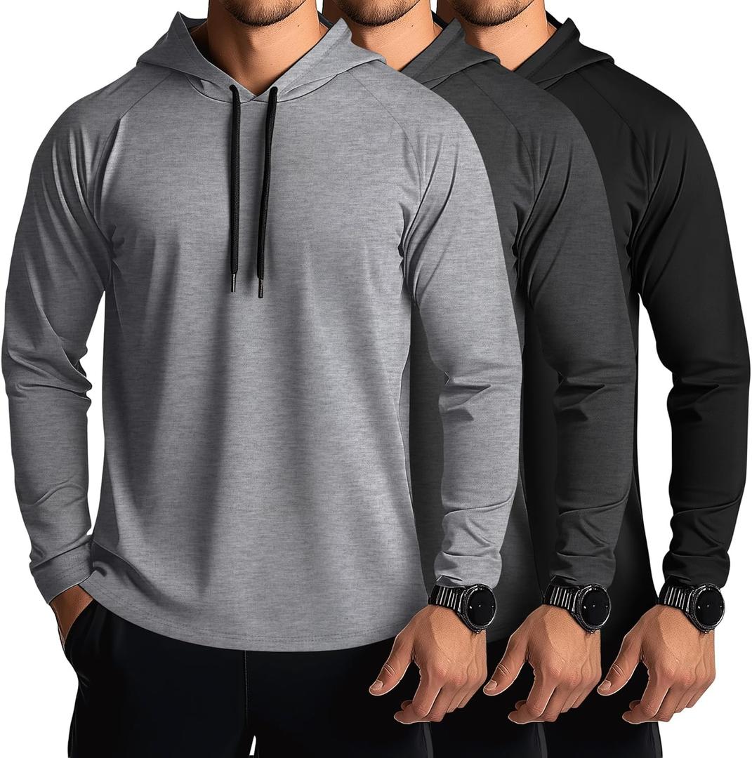 Ficerd 3 Pack Hoodies for Men Big and Tall, Lightweight Long Sleeve Workout Gym Running Fishing Pullover Hooded Sweatshirts (4X-Large, Gray, Dark Gray, Black)