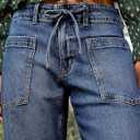 Flamingals Women's Mid Waist Straight Leg Jeans Drawstring Cropped Jeans Women Stretchy (Blue, XXXL)
