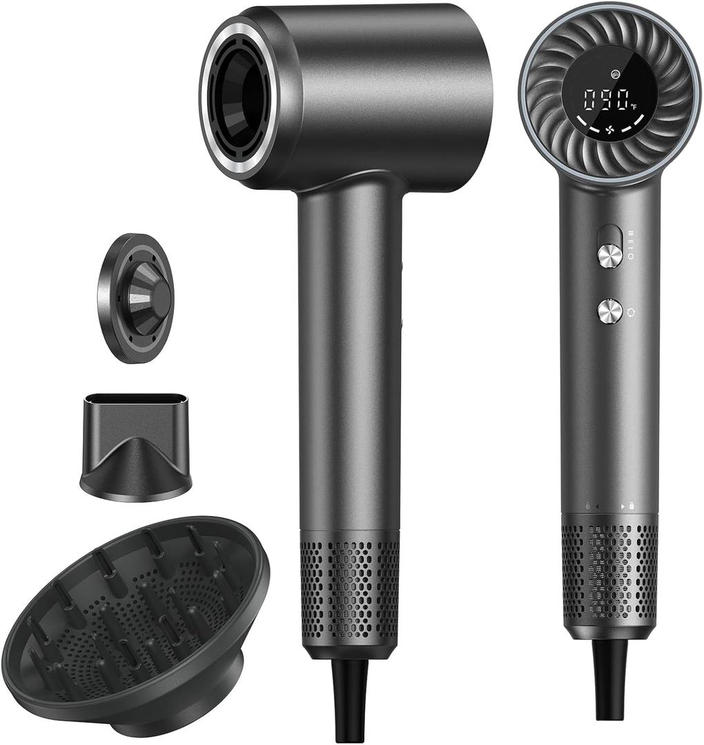 Hair Dryer, 150000 RPM Brushless Motor with 500M Negative Ions, Fast-Dry Lightweight Design, ThermoControl & Magnetic Nozzle/Diffuser, Low Noise Salon Blow Dryer for All Hair, Travel, Home, Dark