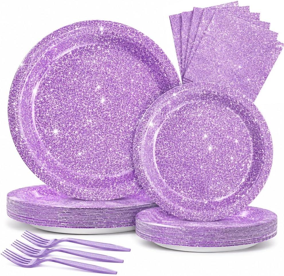 80pcs Purple Glitter Birthday Paper Plates And Napkins for Party Supplies