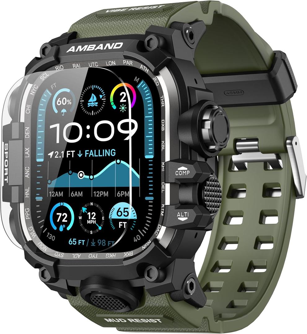 amBand Compatible with Apple Watch Ultra 2/Ultra Bands Case 49mm for Men, M3 Rugged Cover Military Sport Strap with Glass Screen Protector, Heavy Duty Protective Bumper for iWatch 49 mm - Army Green