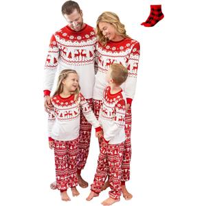 PATPAT Christmas Family Matching Pajama Sets Includes Christmas Socks - Perfect for Family Photos & Holiday Celebrations (Red, L)