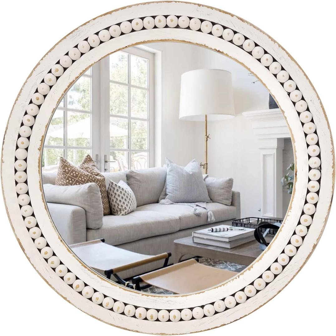 H HOMEWINS Rustic Round Mirror, 24" Wooden Circle Mirrors,Farmhouse Wall-Mounted White Beads Decor Mirror for Bedroom, Bathroom, Living Room,Vanity