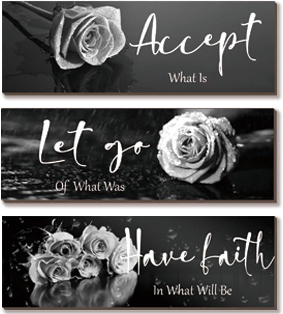 3 Pcs Black White Wall Decor Inspirational Wooden Flower Wall Art White Roses Bathroom Decor with Accept Let Go Have Faith Positive Quotes for Women Living Room Bedroom(White Rose 16X5")