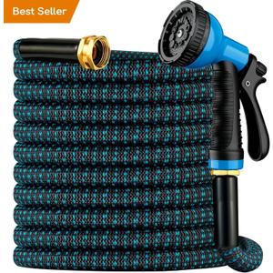 Expandable Garden Hose 75 ft with 10 Function Spray Nozzle, Flexible, Kink Free, Leak-Proof, Ultra Lightweight Retractable Stretch Water Hose 75ft for Yard, Lawn, Car Wash and Outdoor (Black & Blue)
