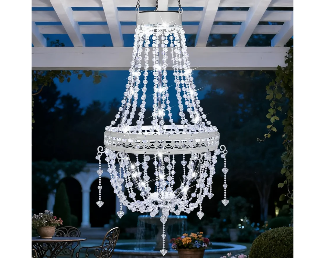 Hanging Solar Lantern Outdoor Chandelier, Waterproof Modern Crystal Acrylic Pendant Light with Cool White LED S Hook Gifts for Women Garden Decor Light for Gazebo, Patio, Yard, Party, Wedding