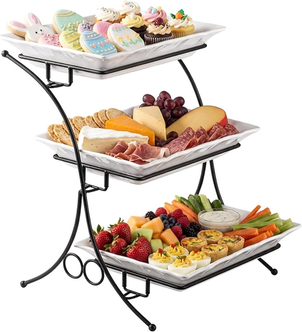 YHOSSEUN Large Tiered Tray Stand, 3 Tier Serving Tray Porcelain Baking Set with Serving Stand 3 Tier Buffet Server for Fruit, Dessert, Food Display Stand for Party, Thanksgiving