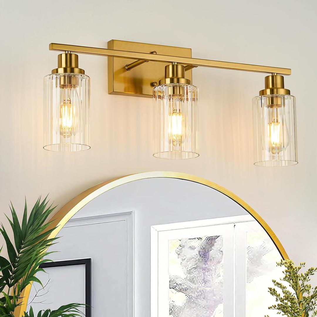 Jonsi 3 Light Brushed Gold Bathroom Vanity Lights with Fluted Glass Shade, Modern Gold Bathroom Lights Over Mirror