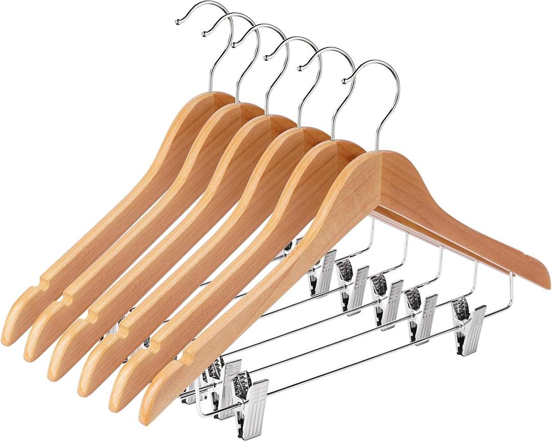 Wooden Hangers with Clips 12 Pack Wooden Pants Hangers,Skirt Hangers with Adjustable Clips,Hangers for Pants,Jeans,Slacks,ShortsNatural