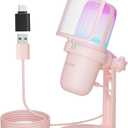 USB Streaming Gaming Microphone, PC Condenser Desktop Mic for Video, Home use, YouTube, with RGB Control, Gain Knob, 3.5mm Headphone Jack, Shock Mount, on Computer/PS5 - Pink