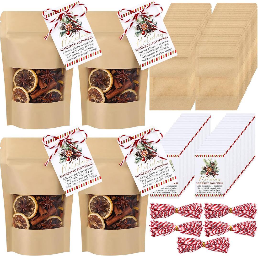 Marspark 50 Sets Christmas Potpourri Stand Pouches, 3.5 x 5.5 Inches Kraft Paper Bags with Matte Window, Simmering Potpourri Bags Instruction Cards for Small Business Home Use Xmas Party Gift Decor
