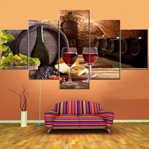 Fu-Keivy Wine Wall Art Decor for Kitchen Dining Room Grapes Fruit Canvas Wine Bottle Pictures 5 Piece Paintings Modern Artwork Decorations Cellar with Barrel and Glass Wooden Framed (60''W x 40''H)