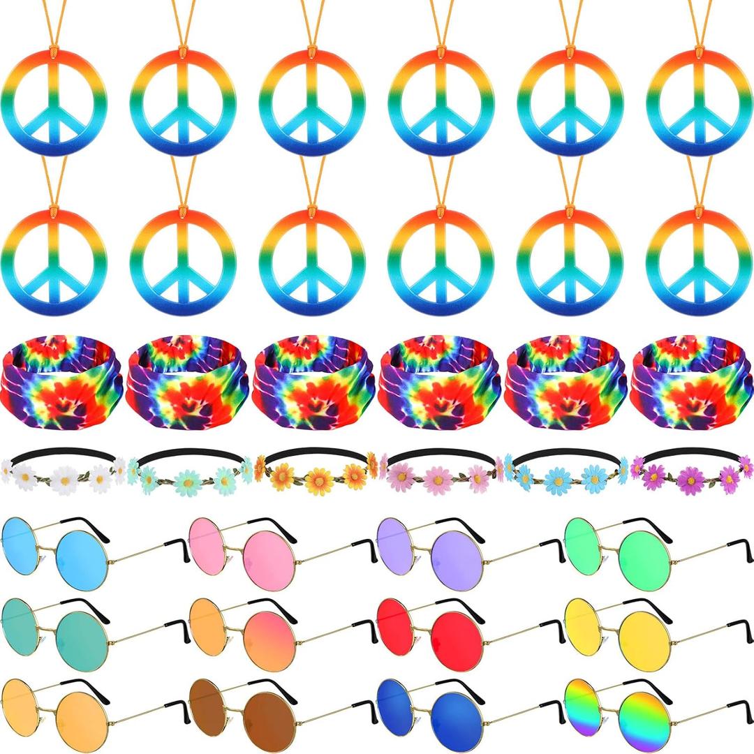 36 Pcs Hippie Costume Set 60s 70s Peace Necklaces Sunflower Headband Hippie Sunglasses Bandana Headband Hippie Dressing Accessories