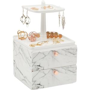 Marble Jewelry Display Tray and Makeup Organizer with Drawer for Vanity (7.3 x 7.7 x 13 in)