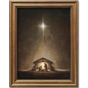 2 x Wemandh Gold Framed Vintage Nativity Wall Art - Star of Bethlehem Holy Night Jesus Birth Oil Painting Print, Rustic Wall Decor, Traditional Religious Christian Picture for Shelf, Mantle & Christmas Decor (Framed, 9.5" x 12")