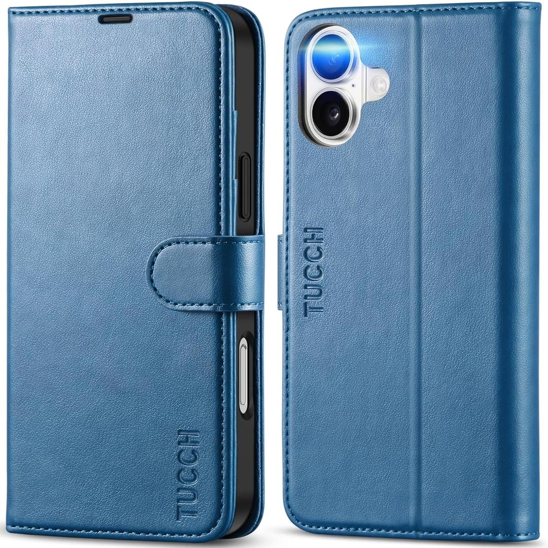 TUCCH Wallet Case for iPhone 16 Plus, Magnetic PU Leather Stand Flip Cover with 4 Card Slots [RFID Blocking] Folio [TPU Shockproof Interior Case] Compatible with iPhone 16 Plus 5G, Lake Blue