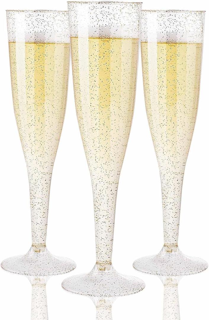 WDF 36 Pack Gold Glitter Plastic Champagne Flutes - 7OZ Disposable Gold Champagne Glasses Plastic for Thanksgiving Party, Wedding, New Year