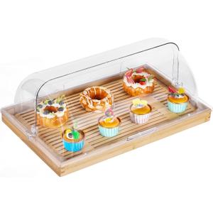 Cookie Serving Tray with Lid Dessert Case Display with Bamboo Tray & Roll Top Food Clear Cover, 20.5x13x6in Rectangle Cake Stand for Bakery, Bread Shop, Kitchen, Birthday, Wedding, Buffet
