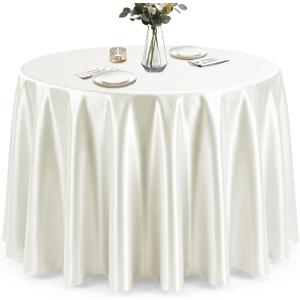 120 Inch Round Satin Tablecloth, Ivory Heavy-Duty Polyester Table Cover, Smooth Leak-Proof Tear-Resistant Finish for Wedding Reception Birthday Party Banquet Holiday Decor, Ivory 