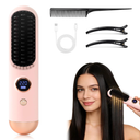2026 Hair Straightener Brush, Cordless Hair Straightener Brush for Short Hair, Mini Portable Straightening Hair Comb Brush with 9 Temps Fast Heating for Women, Travel Size Hair Styling Tool (Pink)