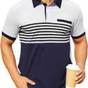 Hardaddy Men's Striped Polo Shirt Short Sleeve Casual Color Block Graphic Tee Collared Golf Shirts for Men (Blue, XXXL)