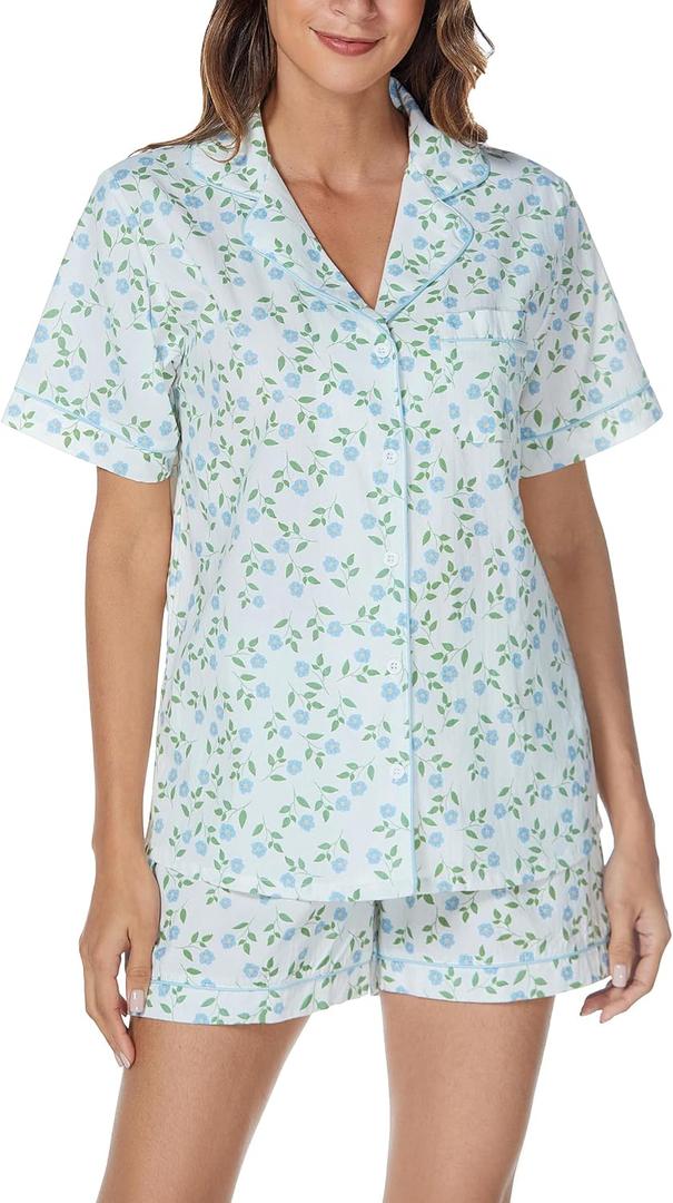 LUBOT 100% Cotton Pajamas for Women 2 Piece PJ Set Poplin Woven Lightweight Ladies Button Short Sleeve Sleepwear (White, XS)