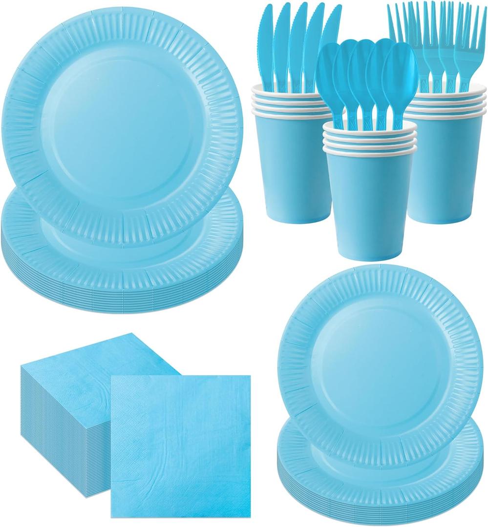 210-Piece Disposable Light Blue Paper Plates Party Supplies - Party Plates, Cups, And Napkins Sets, Light Blue Plastic Silverware, Serves 30 People