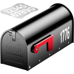 AZUNO Mailboxes for Outside, Black Metal Post Mount Mailbox with Red Flag & Address Numbers, Medium Capacity Mailbox for House,Galvanized Steel,19 * 8.9 * 7.1 inches