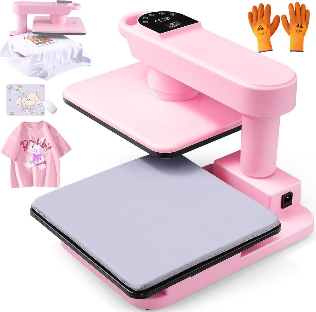Whubefy 360 Swivel Auto Heat Press 15x15 - Pink Smart Automatic T-Shirt Printing with Auto Release & 7-Level Auto Pressure - Swing Away Large Pro Heat Press Machine for T Shirts Hoodie HTV Vinyl
