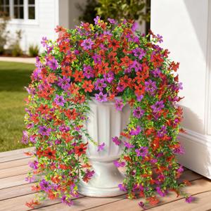 ZFProcess Artificial Hanging Flowers for Outdoors, 2 Pcs Fake Hanging Plant Spring Summer Decor, UV Resistant No Fade Realistic Faux Flower for Front Door Porch Planter Patio Garden Yard(Red Purple)