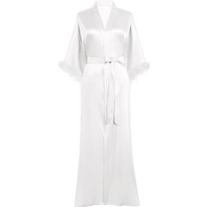 PRODESIGN Satin Kimono Robe Long Silky Bathrobe with Ostrich Feather Trim Sleepwear Wedding Bridesmaid Dressing Gown (One Size, White)