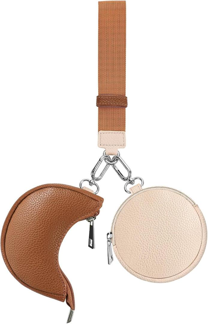 2 x Dual Pouch Wristlet Keychain Wallet Double keychain wallets Mini Pouch Coin Purse Women Coin Detachable Wrist Zip Bag (Pinkg&Brown)