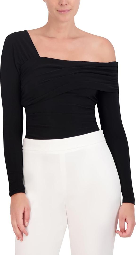 BCBGMAXAZRIA Women's Long Sleeve Asymmetrical Knit Top (Small, Black)