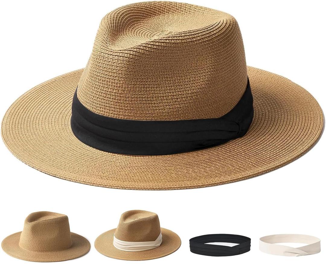 FURTALK Panama Hat Sun Hats for Women Men Wide Brim Fedora Straw Beach Hat UV UPF 80+ (Large-X-Large, Black+white Ribbon)