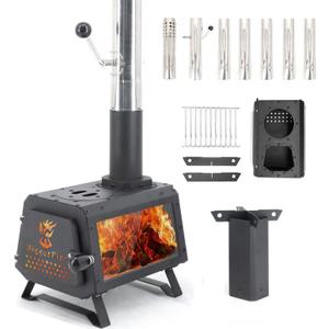 Portable Wood Burning Stove,Compact Hot Tent Stove with X-shaped Pot Holder,Air Damper,7 Section Stainless Steel Chimney,Large Firebox,Tent Wood Burning Stoves for Camping Heating and Outdoor Cooking