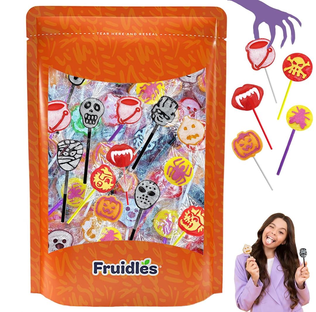 Fruidles 20-Count Halloween Tattoo Lollipop Suckers Candy, Variety Pack, Goody Party Bag Fillers, Individually Wrapped (EXP 02/28/27)